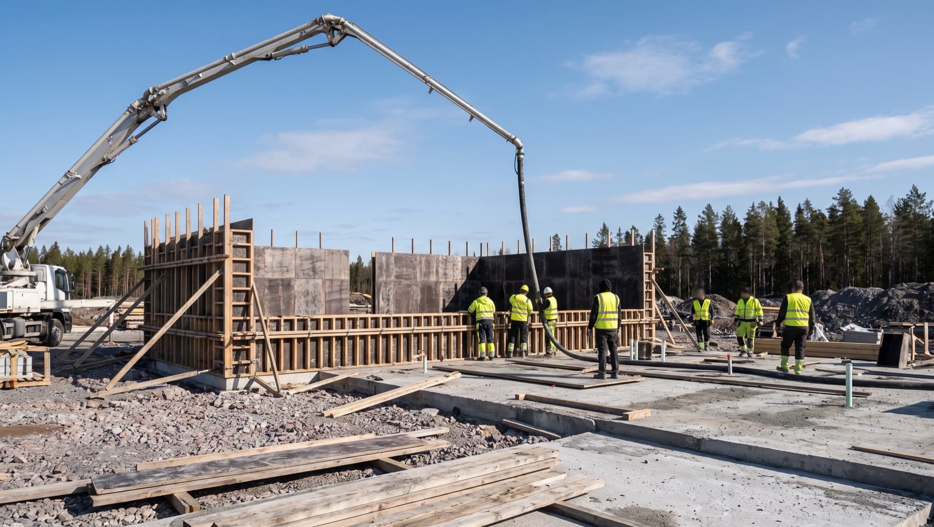 Concrete pour over circular rebar cage on active construction site